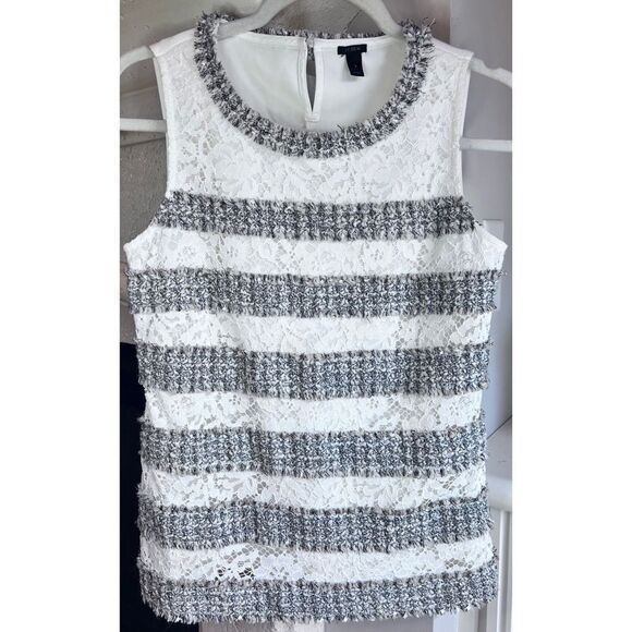 J Crew Women’s Fringe Tweed Lace Black White Sleeveless Top Sz Small - Picture 3 of 11